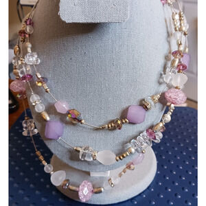 Pink Clear Chunky Beaded Layered Triple Strand Wire Necklace 22‎ inches
